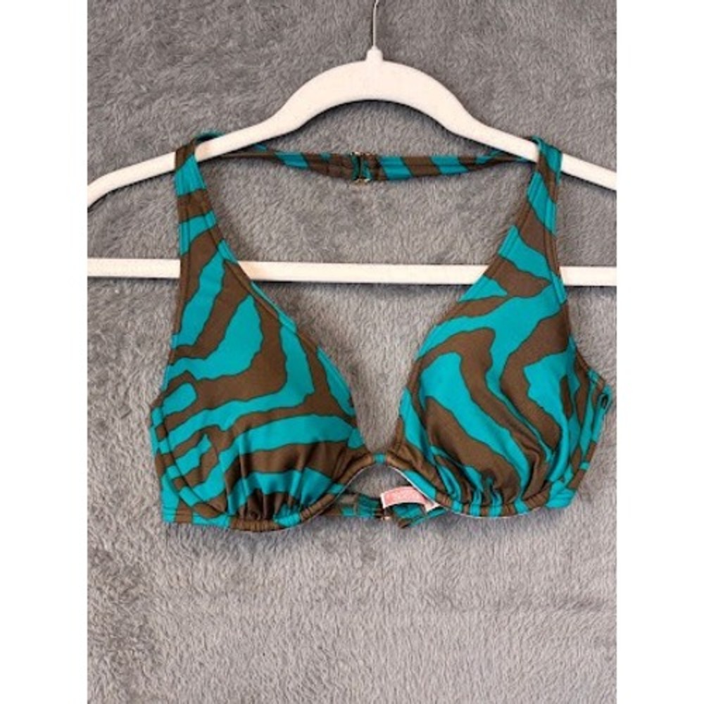 Victoria's Secret Teal Brown Zebra Underwire Halter Bikini‎ Top 34C Animal Print